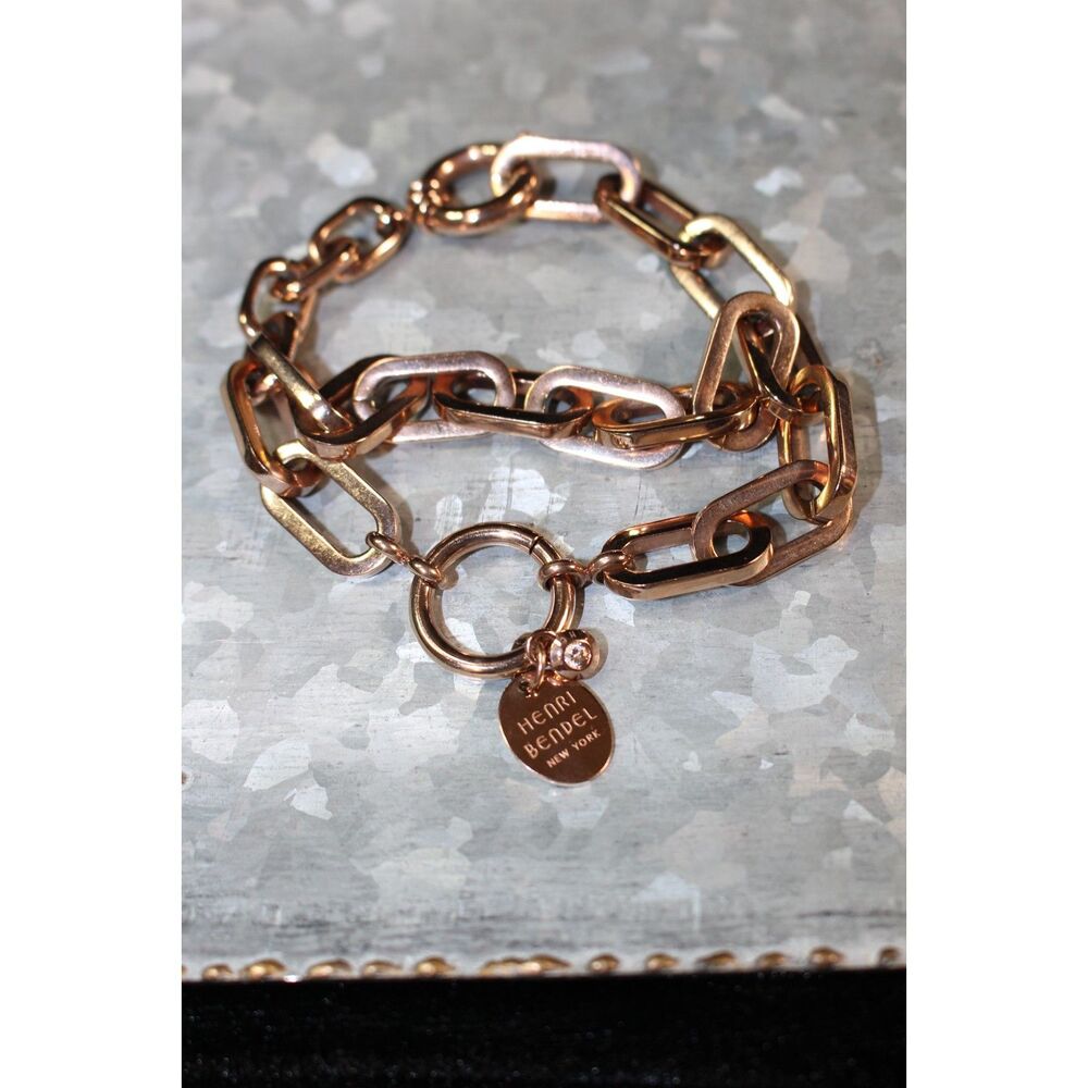 Henri Bendel RARE Rose Gold Colored Double Chain Link Clasp 8" Bracelet w/charms